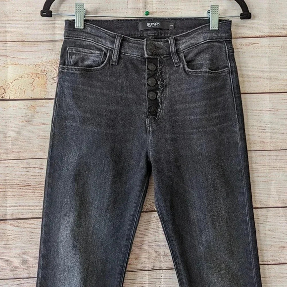 Hudson Size 26 Barbara Skinny Jeans Charcoal Raw Hem Stretchy Exposed Buttonfly - Picture 2 of 11